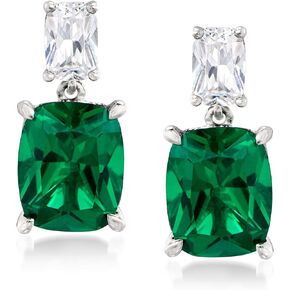 Ross-Simons 8.50 ct. t.w. Simulated Emerald and 1.10 ct. t.w. CZ Drop Earrings in Sterling Silver