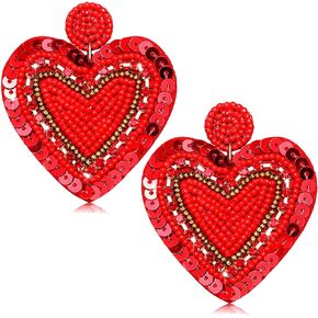 CEALXHENY Valentine’s Beaded Heart Earrings for Women Girls Rhinestone Love Heart Drop Dangle Earrings Statement Red Bead Earring Valentine’s Day Gifts