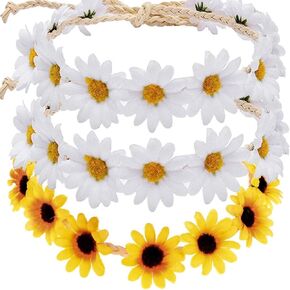 3 Pcs Sunflower Headband Crown Headpiece Daisy Headbands for Women Girl 60s Hippie Boho Hat Accessories Bridal Wedding Summer Beach Party Hair Wreath Garland