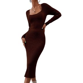 SweatyRocks Women's Square Neck Long Sleeve Ribbed Bodycon Dress Split Back Midi Sweater Dresses