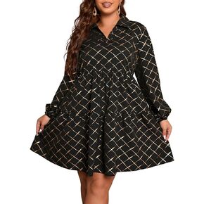 WDIRARA Women's Plus Size Plaid Print V Neck Dress Lantern Long Sleeve Ruffled Hem A Line Dresses