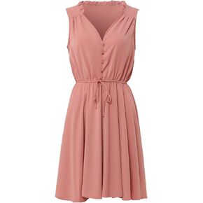 Women's V Neck Sleeveless Casual Button Elastic Waist Summer Tank Swing Mini Dress