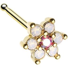 20GA Gold Tone Vintage Rose Pink Crystal Flower Nose Bone Stud