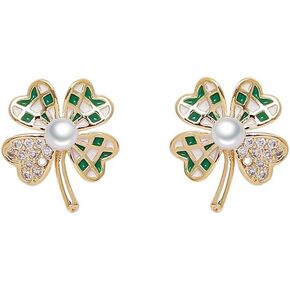 Green Checker Clover Leaf Stud Earrings for Women Girls 925 Sterling Silver Crystal Hypoallergenic Lucky 4 Leaves Shamrock Flower Small Studs Cartilage Earring Dainty Birthday St.Patrick's Day Jewelry Gifts