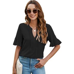 بلوزات نسائية مكشكشة بأكمام قصيرة وفضفاضة، قمصان صيفية كاجوال لطيفة ورقبة على شكل حرف V in Kuwait