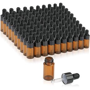 Pack of 100,3ml Amber Glass Dropper Bottle,Empty Sample Vial Glass Eye Dropper Aromatherapy Liquid Perfume Essential Oil Bottles with Glass pipette&Black Aluminum caps-Pipette&Funnel included
