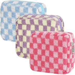 LETGO 3pcs Checkered Makeup Bag Pocket Cosmetic Bag Portable Zipper Aesthetic Preppy Small Makeup Pouch for Women Mini Travel Makeup Organizer Storage Accessories (Black Brown Green)