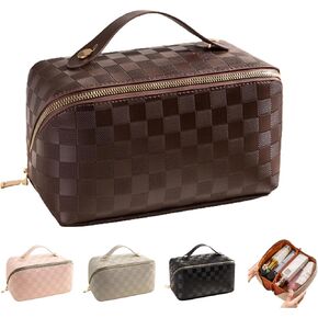 Large Capacity Travel Cosmetic Bag Travel Cosmetic Bag for Women Makeup Bag With Handle PU Leather Waterproof Multifunctional Makeup Organizer Plaid Cosmetic Bag Checkered Makeup Bag (Black)