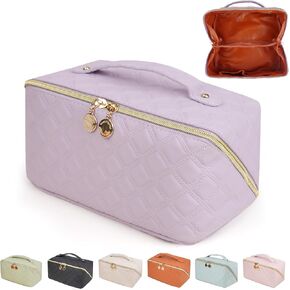 Upgrade Design Makeup Bag,Large Capacity Cosmetic Bag, PU Leather Cosmetic Bag,Toiletry Bag for Women, with Handle and Divider Flat Lay Checkered Cosmetic Bags (Lotus Green) in Saudi Arabia