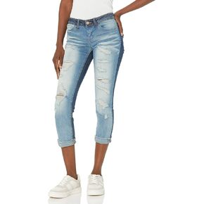 dollhouse Women's Size Plus Denim Cuffed Jeans with Heavy Destruction