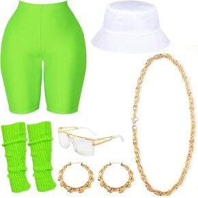 80s/90s Outfit Bucket Hat Gold Chain Bamboo Earrings Rapper glasses Elastic Pants Legwarmers Costume Accessories