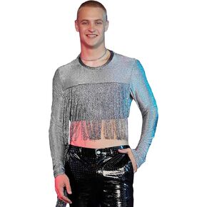 OYOANGLE Men's Sparkly Glitter Long Sleeve Fringe Trim Party Clubwear Crop Tee Shirt Tops