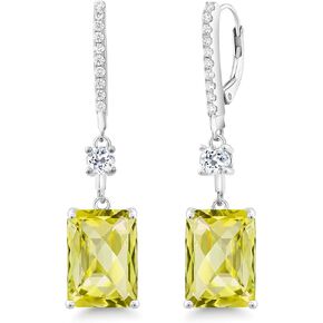 Gem Stone King 14.66 Ct Octagon Checkerboard Yellow Lemon Quartz White Topaz 925 Silver Dangle Earrings