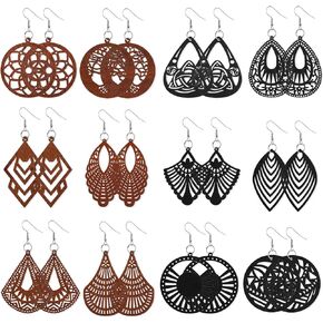 JELIEE 12 Pairs African Wooden Dangle Earrings Round Wood Painted Earring Geometric Pendant Wooden Earrings Lightweight Drop Earrings for Women