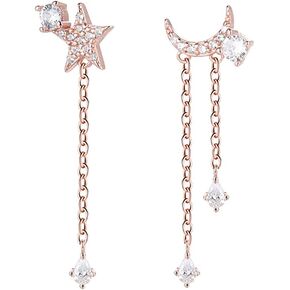 Reffeer Solid 925 Sterling Silver Asymmetric Moon Star Earring CZ Tassel Chain Earrings For Women Teen