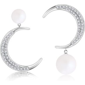 Richapex Pearl Earrings for Women 925 Sterling Silver Star Moon Pearl Drop Earrings Hypoallergenic Asymmetric Studs with Cubic Zirconia