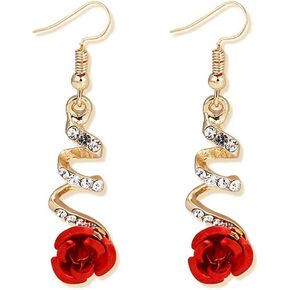 Vintage Red 3D Rose Drop Earrings For Women Statement Dangle Earrings With Crystal Rhinestone Valentine's Day Gift