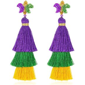 Mardi Gras Tassel Earrings Bling for Women, Mardi Gras Beaded Earrings, Mardi Gras Dangle Drop Earrings, Mardi Gras Cosplay Party Jewelry