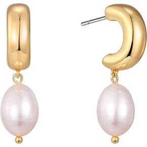 XYJZXY 18K Gold Pearl Drop Earrings for Women Freshwater Pearl Dangle Earrings Chunky Gold Hoop Earrings Gifts for Her
