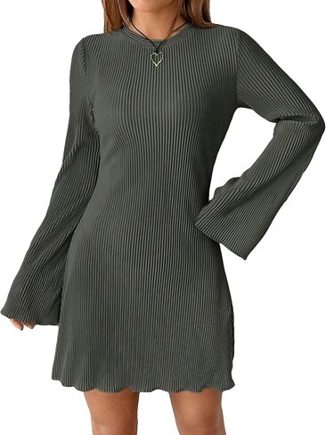 SHENHE Women's Ribbed Knit Bell Long Sleeve Lettuce Trim Casual Plain Tshirt Dress in Saudi Arabia