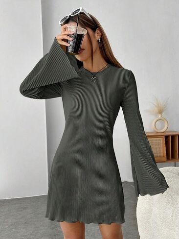 SHENHE Women's Ribbed Knit Bell Long Sleeve Lettuce Trim Casual Plain Tshirt Dress in Saudi Arabia