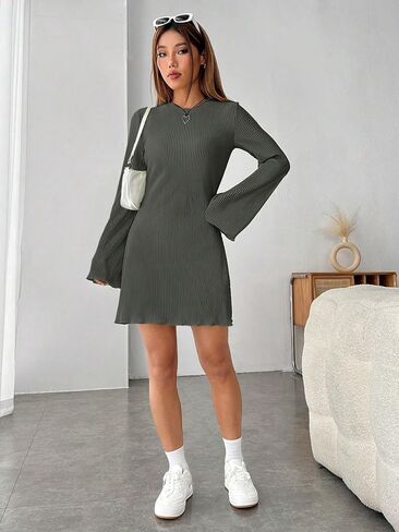 SHENHE Women's Ribbed Knit Bell Long Sleeve Lettuce Trim Casual Plain Tshirt Dress in Saudi Arabia