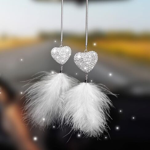PAGOW Heart Feather Heart White Feather Charm, Rear View Mirror Accessories, Car Mirror Hanging Bling Decoration, Diamond Love Heart White Feather Charm Decor with Chain for Women ( White) 21.9 Inch in Saudi Arabia