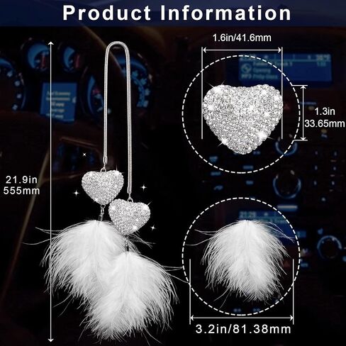 PAGOW Heart Feather Heart White Feather Charm, Rear View Mirror Accessories, Car Mirror Hanging Bling Decoration, Diamond Love Heart White Feather Charm Decor with Chain for Women ( White) 21.9 Inch in Saudi Arabia