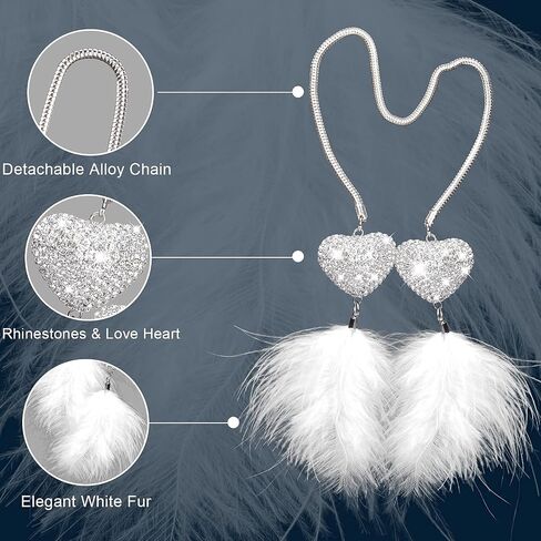 PAGOW Heart Feather Heart White Feather Charm, Rear View Mirror Accessories, Car Mirror Hanging Bling Decoration, Diamond Love Heart White Feather Charm Decor with Chain for Women ( White) 21.9 Inch in Saudi Arabia