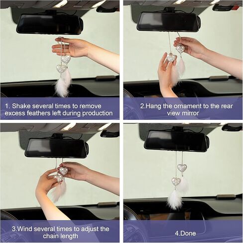 PAGOW Heart Feather Heart White Feather Charm, Rear View Mirror Accessories, Car Mirror Hanging Bling Decoration, Diamond Love Heart White Feather Charm Decor with Chain for Women ( White) 21.9 Inch in Saudi Arabia