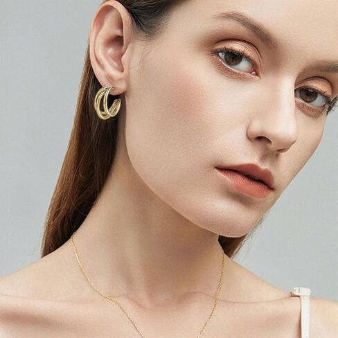 Sonateomber Chunky Open C Triple Hoop Statement Stud Earrings for Women - Fashion Trendy Cute Large Big Split Summer Jewelry Gift… in Saudi Arabia