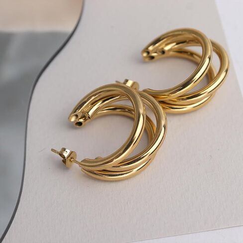 Sonateomber Chunky Open C Triple Hoop Statement Stud Earrings for Women - Fashion Trendy Cute Large Big Split Summer Jewelry Gift… in Saudi Arabia