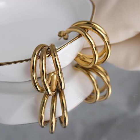Sonateomber Chunky Open C Triple Hoop Statement Stud Earrings for Women - Fashion Trendy Cute Large Big Split Summer Jewelry Gift… in Saudi Arabia