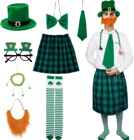 مجموعة أزياء QuanYaaJoy St Patrick's Day باللون الأخضر للرجال والنساء البالغين (قبعة، لحية، ربطة عنق، ربطة عنق، جوارب للركبة، تنورة منقوشة أيرلندية، خرزة) in Kuwait