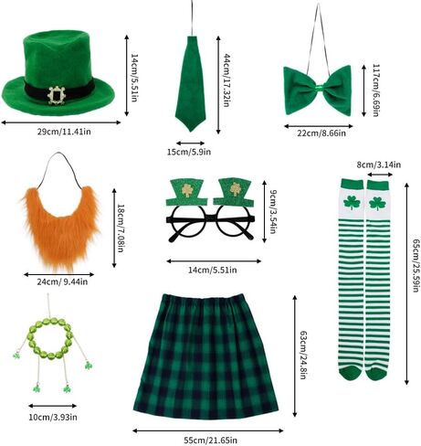 مجموعة أزياء QuanYaaJoy St Patrick's Day باللون الأخضر للرجال والنساء البالغين (قبعة، لحية، ربطة عنق، ربطة عنق، جوارب للركبة، تنورة منقوشة أيرلندية، خرزة) in Kuwait