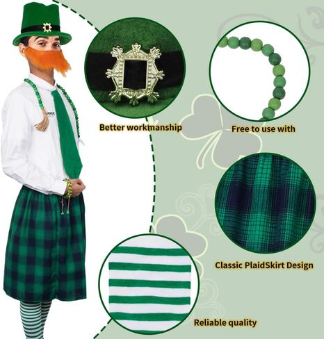مجموعة أزياء QuanYaaJoy St Patrick's Day باللون الأخضر للرجال والنساء البالغين (قبعة، لحية، ربطة عنق، ربطة عنق، جوارب للركبة، تنورة منقوشة أيرلندية، خرزة) in Kuwait