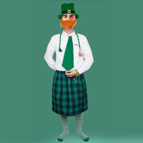 مجموعة أزياء QuanYaaJoy St Patrick's Day باللون الأخضر للرجال والنساء البالغين (قبعة، لحية، ربطة عنق، ربطة عنق، جوارب للركبة، تنورة منقوشة أيرلندية، خرزة) in Kuwait