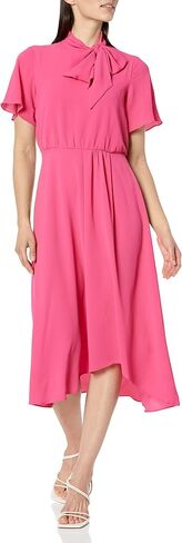 London Times Women's Flutter Sleeve Tie Neck Blouson High Low Midi Dress in Saudi Arabia