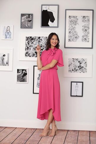 London Times Women's Flutter Sleeve Tie Neck Blouson High Low Midi Dress in Saudi Arabia