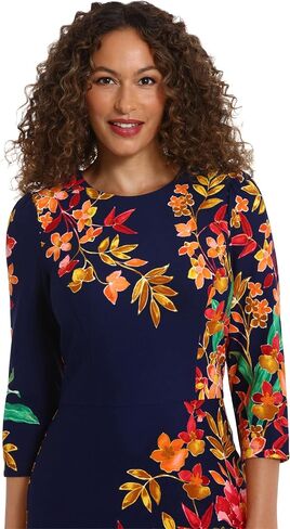 London Times Women's Crew Neck Knee Length 3/4 Sleeve Cascade Print Occasion Event Office Polished Chic Dress in Saudi Arabia