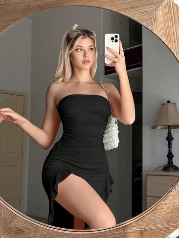 فستان SOLY HUX نسائي مكشكش ومكشكش ومكشكش متوسط ​​الطول غير متماثل بدون حمالات وجذاب in Saudi Arabia