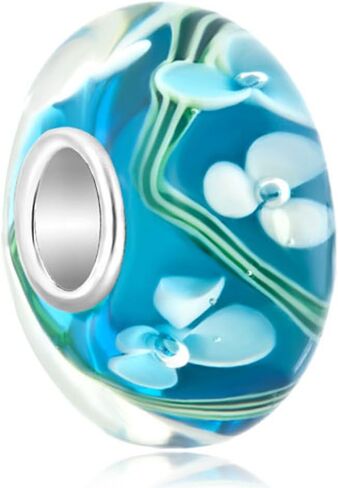 LovelyJewelry خرز من الفضة الإسترلينية زهرة بيضاء المحيط الأزرق مورانو الزجاجي الساحر للأساور in Kuwait