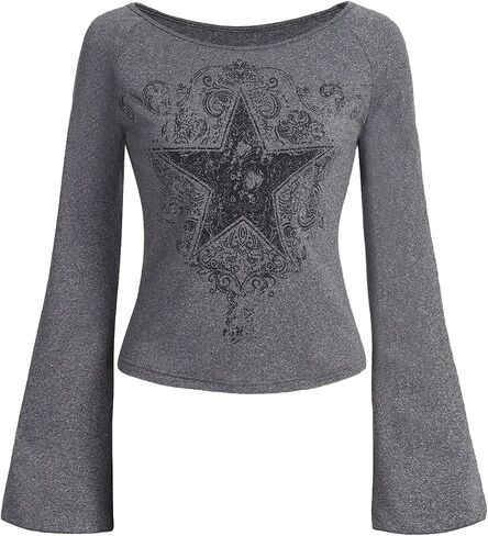 GORGLITTER Women's Y2K Star Graphic Tee Top Bell Long Sleeve Boat Neck Solid Crop T-Shirt in Saudi Arabia