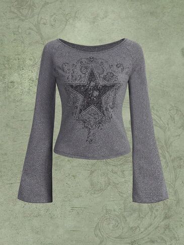 GORGLITTER Women's Y2K Star Graphic Tee Top Bell Long Sleeve Boat Neck Solid Crop T-Shirt in Saudi Arabia