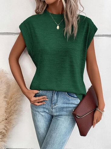 WDIRARA Women's Mock Neck Cap Sleeve T Shirts Tops Casual Basic Tee in Saudi Arabia