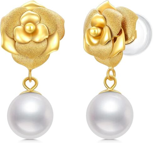 18kt Solid Gold Pearl Earrings for Women, Real Gold Rose Flower Stud with Freshwater Pearl Dangle Jewelry Anniversary Present for Her, Wife, Mom, Girlfriend in Saudi Arabia
