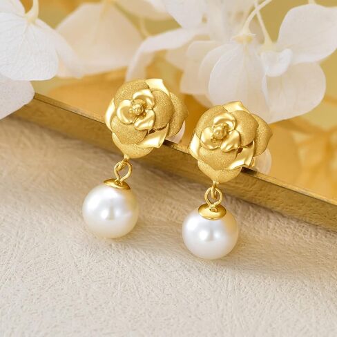 18kt Solid Gold Pearl Earrings for Women, Real Gold Rose Flower Stud with Freshwater Pearl Dangle Jewelry Anniversary Present for Her, Wife, Mom, Girlfriend in Saudi Arabia