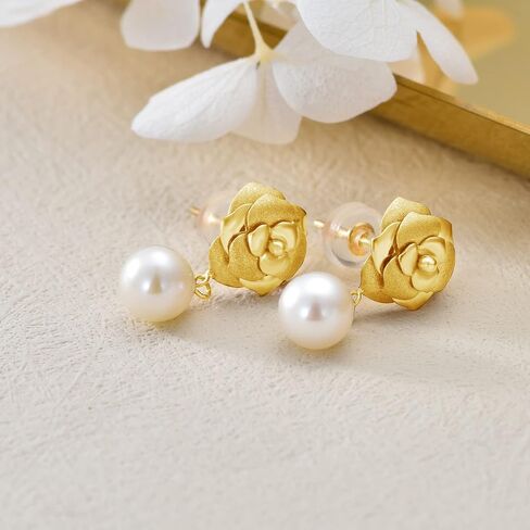 18kt Solid Gold Pearl Earrings for Women, Real Gold Rose Flower Stud with Freshwater Pearl Dangle Jewelry Anniversary Present for Her, Wife, Mom, Girlfriend in Saudi Arabia