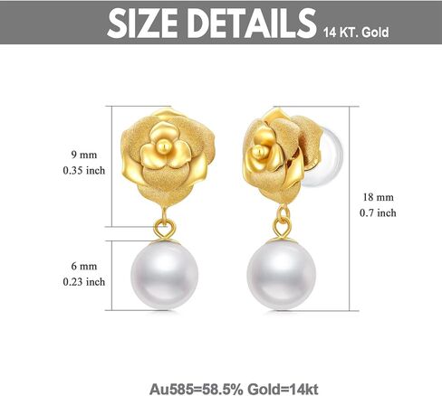 18kt Solid Gold Pearl Earrings for Women, Real Gold Rose Flower Stud with Freshwater Pearl Dangle Jewelry Anniversary Present for Her, Wife, Mom, Girlfriend in Saudi Arabia