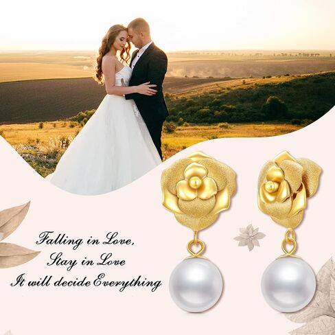 18kt Solid Gold Pearl Earrings for Women, Real Gold Rose Flower Stud with Freshwater Pearl Dangle Jewelry Anniversary Present for Her, Wife, Mom, Girlfriend in Saudi Arabia